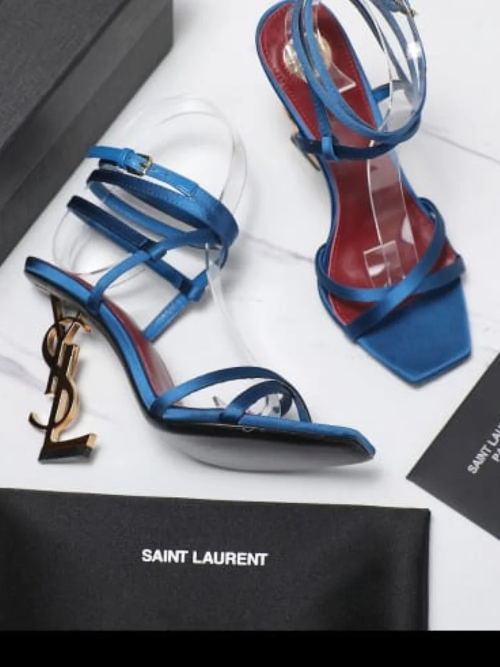 Saint Laurent Satin Blue YSL Logo High Heel Sandals - Picture 1 of 6
